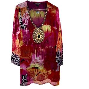 Silk Threads Burgundy Purple Blouse w/Orange Beads